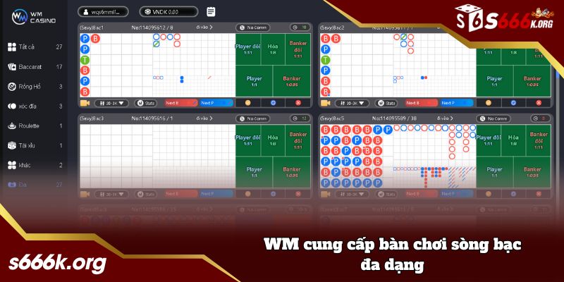 WM cung cấp bàn chơi sòng bạc đa dạng